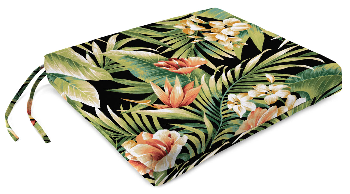 Black Leaves Rectangular Outdoor Chair Pad Seat Cushion with Ties, 2 Pack T820