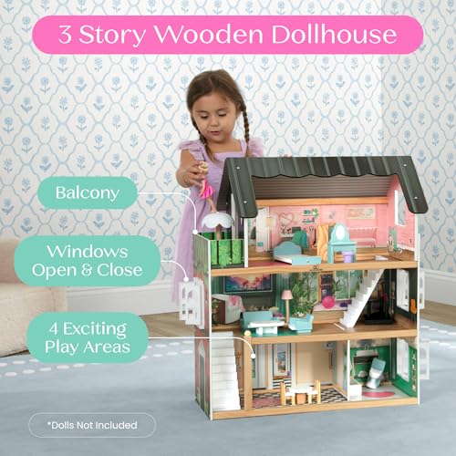 3-Story Dollhouse with 4 Rooms and 16 Accessories J3496