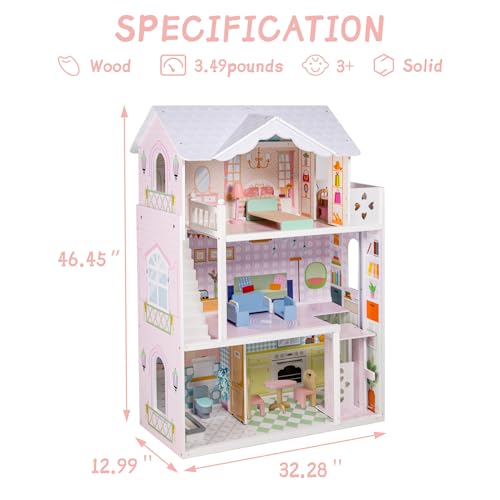 Large Wooden 3 Stories 6 Rooms Dollhouse with Elevator & Balcony R6997