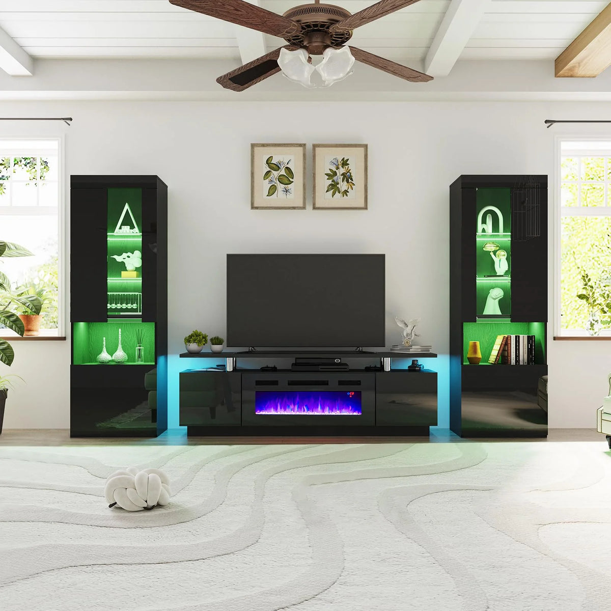 Black Entertainment Center with Fireplace and Bookcases W646235