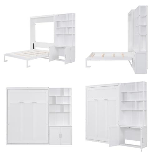 Full Size Solid Wood Foldable Murphy Bed Cabinet with Storage Shelves Y291768