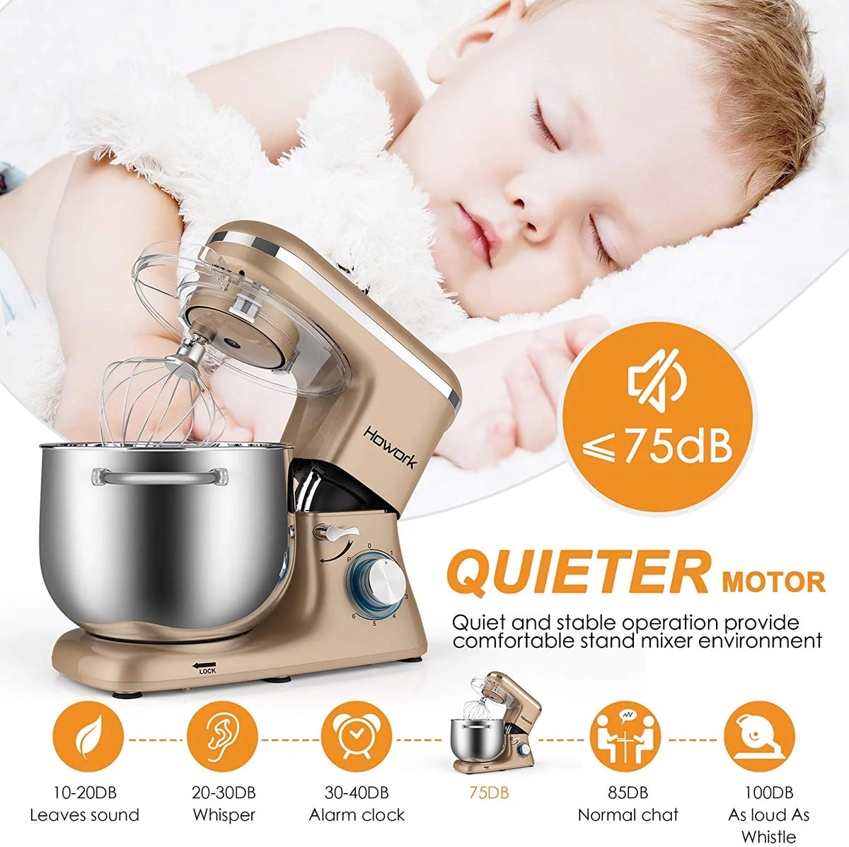 8.45 QT 660W Stand Mixer with Dough Hook, Whisk, Beater S75350