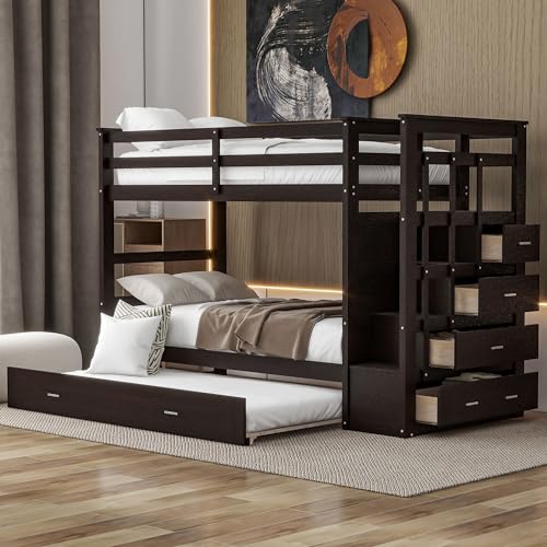 Full Over Full Wood Bunk Bed with Twin Trundle and Stairs, Espresso S7265