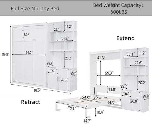 Full Size Solid Wood Foldable Murphy Bed Cabinet with Storage Shelves Y291768