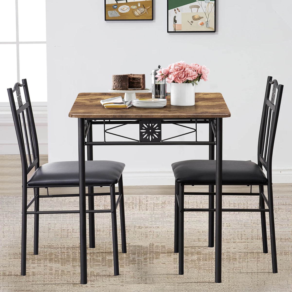 3-Piece Wooden Dining Table Set with 2 Pu Cushion Chairs X26339