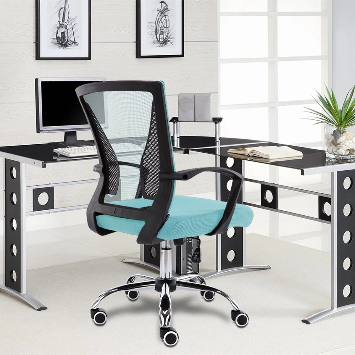 Black & Aqua Ergonomic Mesh Mid Back Office Chair E90750