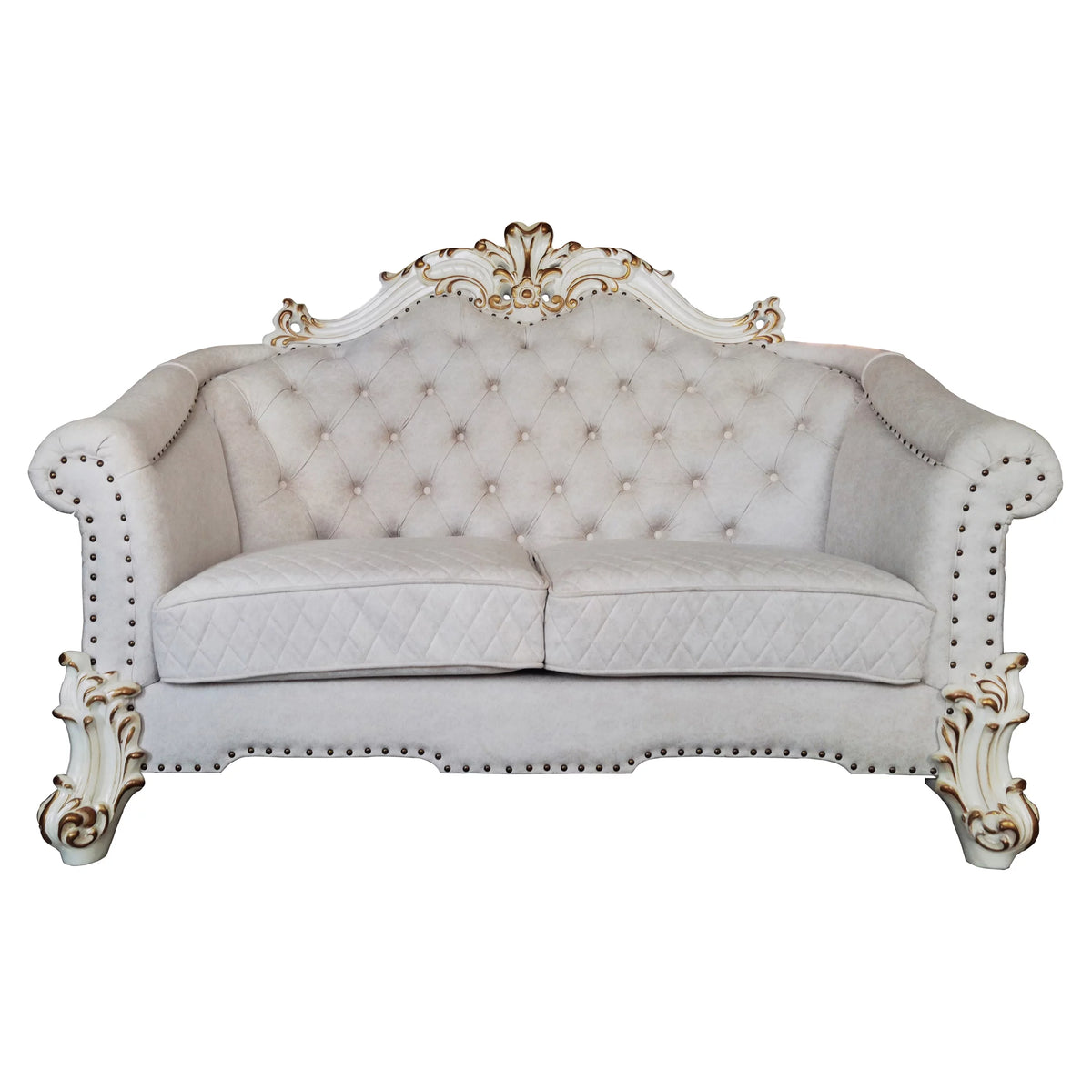 Ivory Fabric Loveseat with 4 Pillows V7943