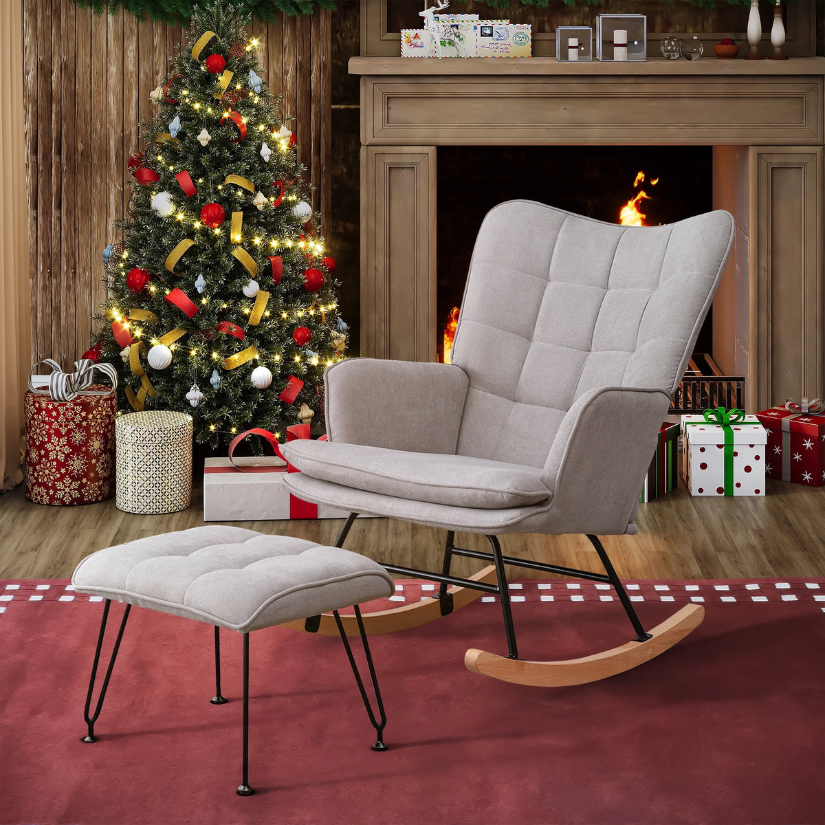 Gray Linen Fabric Rocking Chair with Ottoman H933