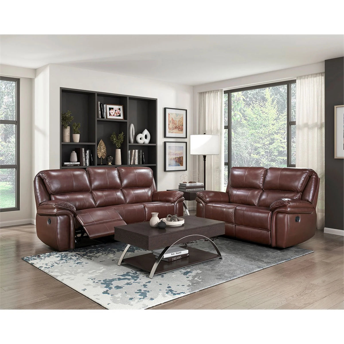 Brown Leather Match Double Reclining Love Seat S948