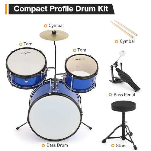 Black 3 Piece Kids Drum Set with Cymbal, Drumsticks, Pedal, Throne Stool S591