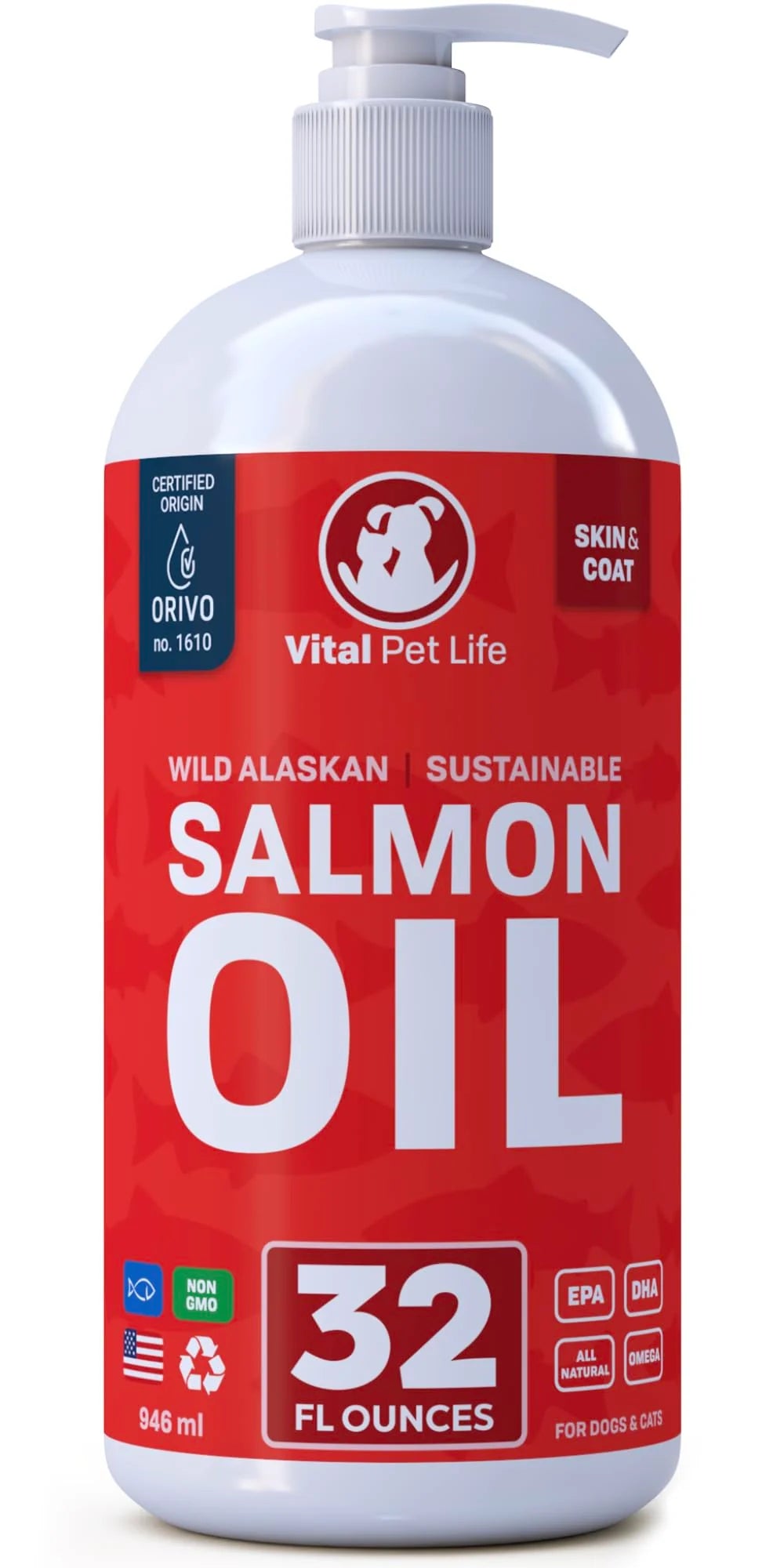 Salmon Oil for Dogs & Cats, Omega 3 Liquid Food Supplement, 32 oz A299