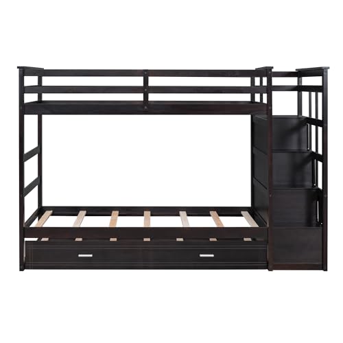 Full Over Full Wood Bunk Bed with Twin Trundle and Stairs, Espresso S7265