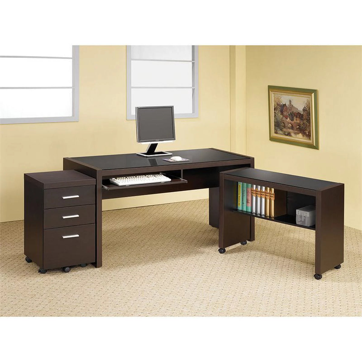 4-Piece Desk Bookcase Office Chair and Mobile File Cabinet Set Y544919