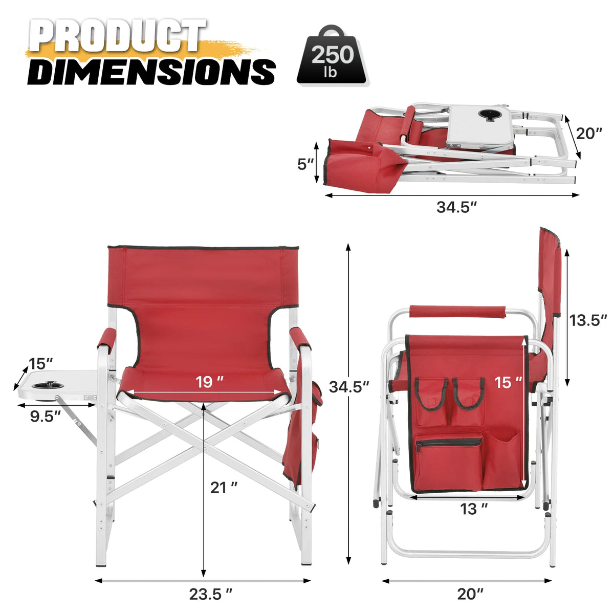Folding Director Chair with Side Table & Storage Pocket, Red R637544