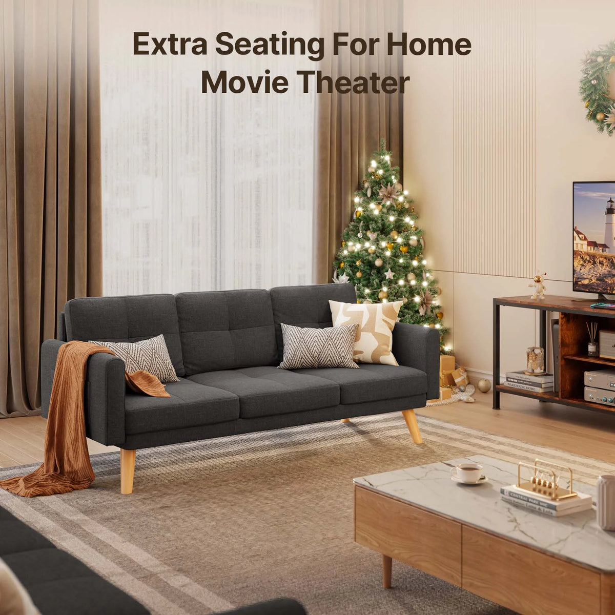 Futon Sofa Bed Upholstered Couch with Curved Arm Dark Gray E5224
