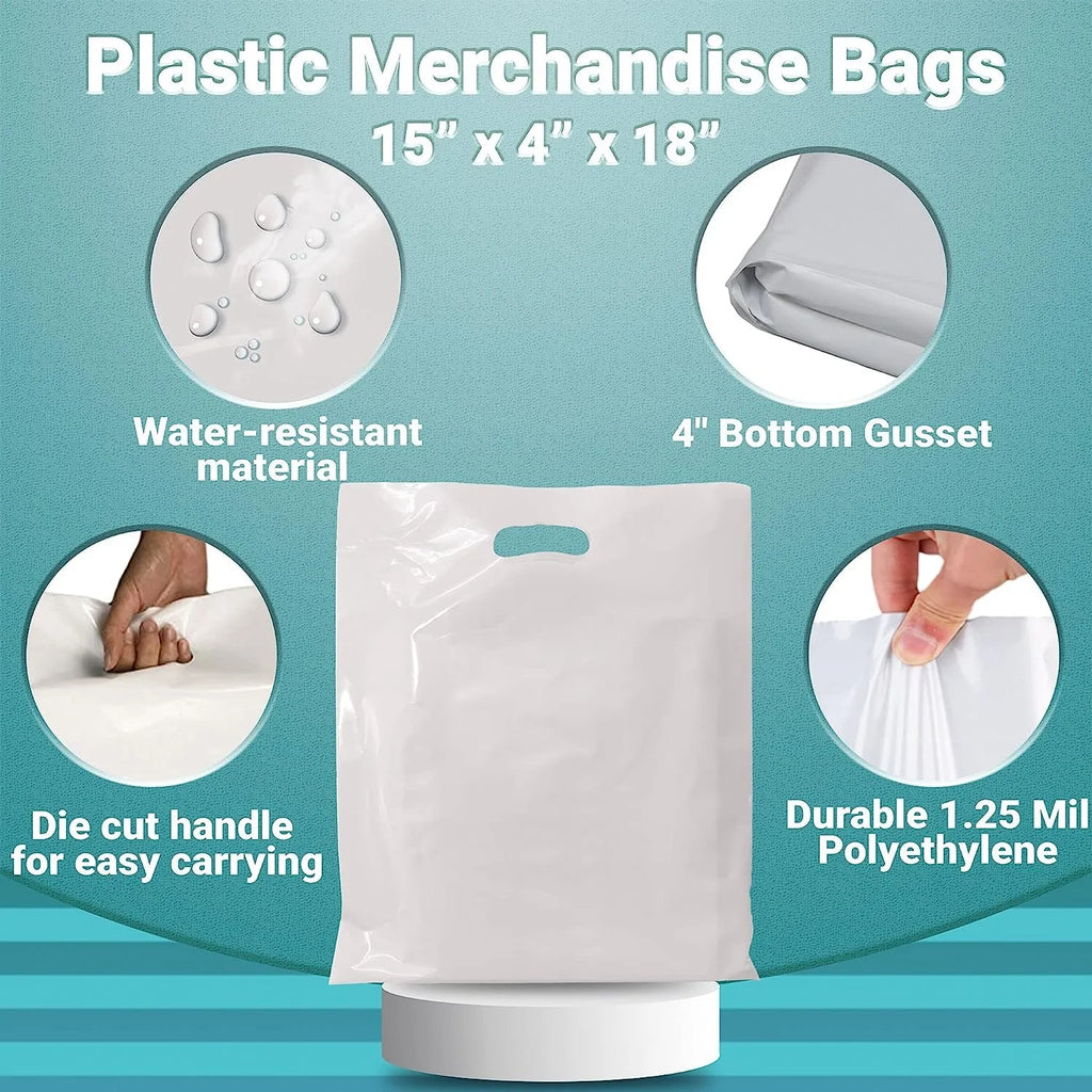 White Die Cut Handle Plastic Shopping Bags 500 Pack 15 x 18 x 4 Z5261