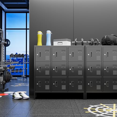 Metal Locker with Padlock and Keys, 9 Doors Black Steel Storage Locker Cabinet V19444
