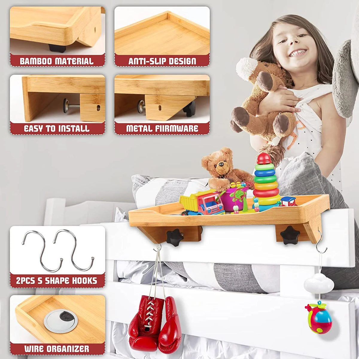 Bamboo Bedside Nightstand with 2pc S Hooks P305