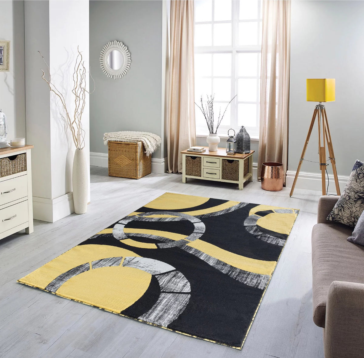 Yellow Black White Grey Modern Abstract Area Rug D758462