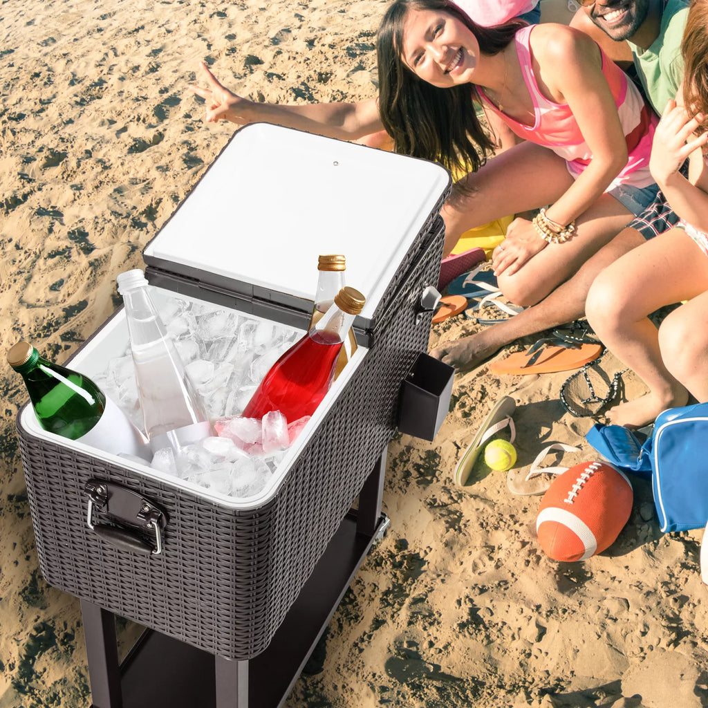 80 Quart Rolling Ice Chest on Wheels, Dark Brown Wicker Beverage Cart D86615