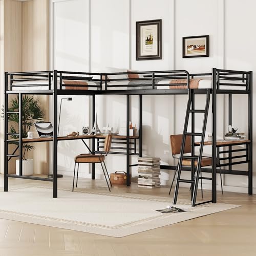 Black Metal Twin Size L-Shaped Loft Bed with Two Built-in Desks R1776