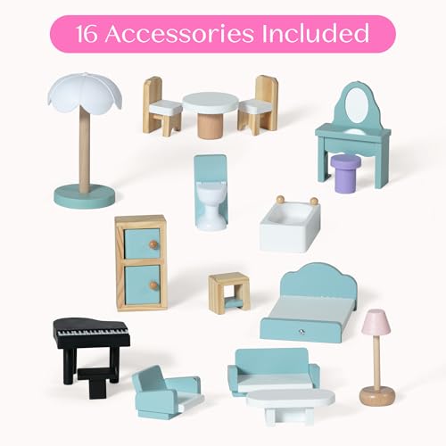 3-Story Dollhouse with 4 Rooms and 16 Accessories J3496