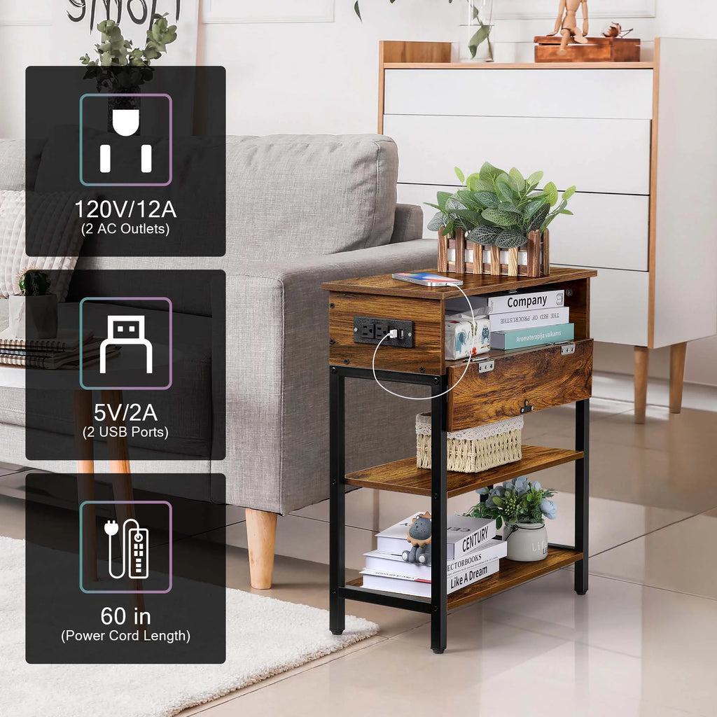 Brown Narrow End Table with Charging Station and Storage Shelf Y84273