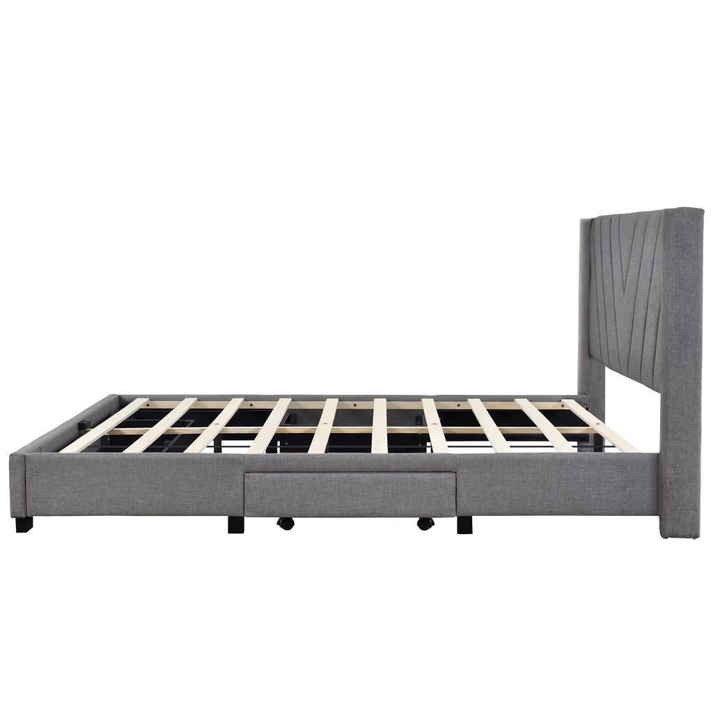 Queen Size Linen Upholstered Platform Bed with 3 Storage Drawers F60657