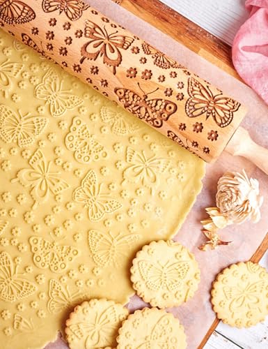 Wooden Embossed Rolling Pin with Butterfly Pattern R253294