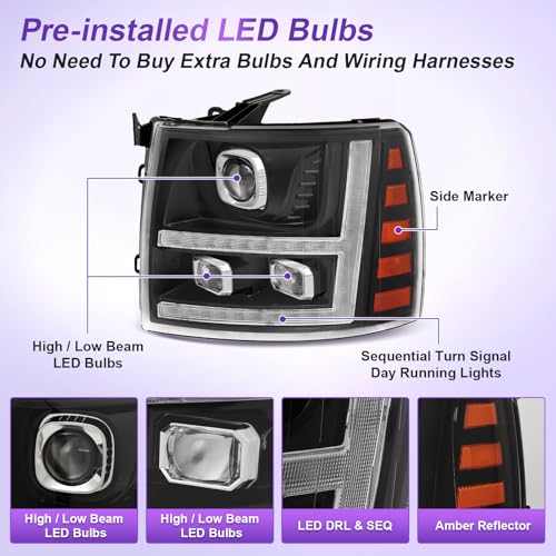 LED Projector DRL Headlight Assembly Black Housing Clear Reflector A93294