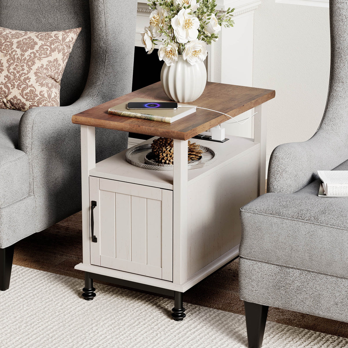 White Oak Side Table with Charging Station and Drawer N894