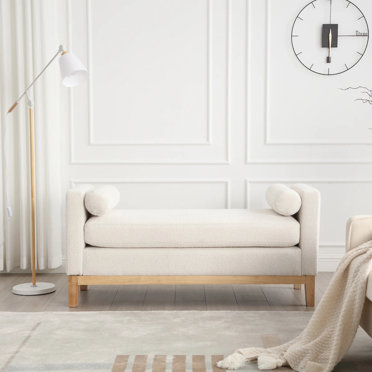 Ivory Upholstered Bench with Wood Legs A6146