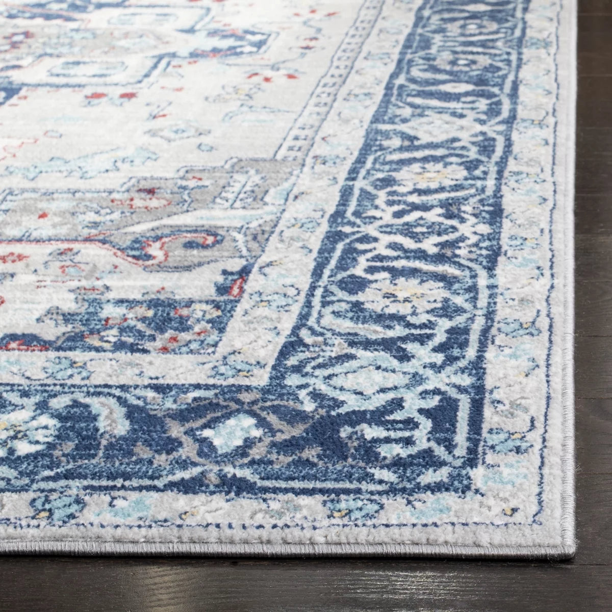 Light Grey Blue Floral Bordered Area Rug O5930