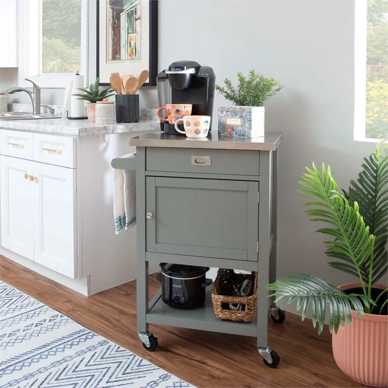 Gray Wood Stainless Steel-Top Kitchen Cart E16638