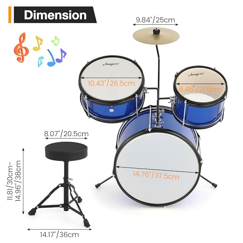 Black 3 Piece Kids Drum Set with Cymbal, Drumsticks, Pedal, Throne Stool S591