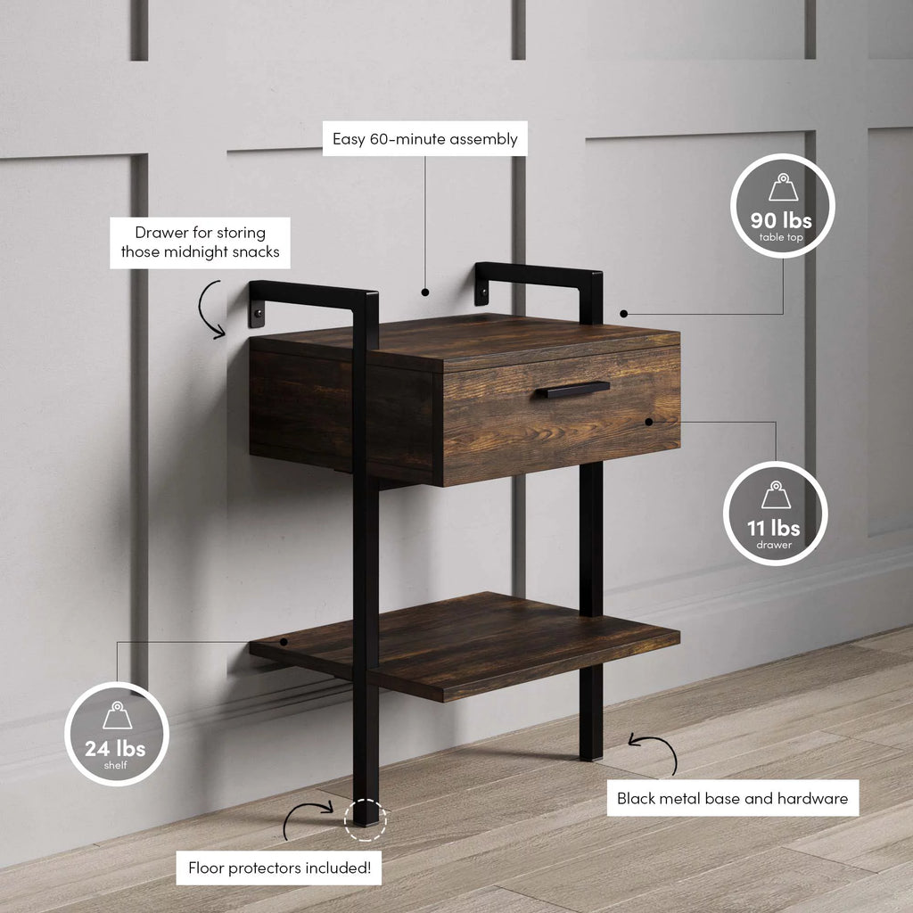 Rustic Wall Mount Nightstand with Drawer and Storage Shelf I88035