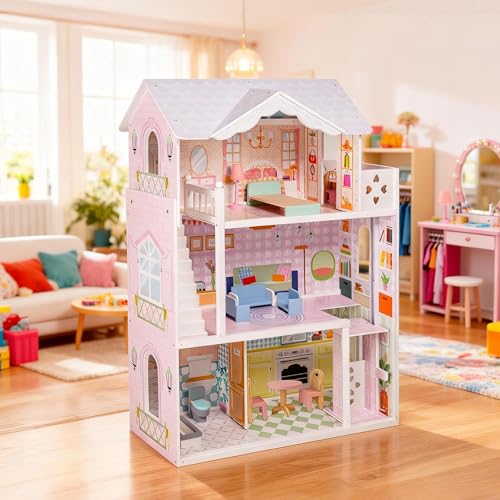 Large Wooden 3 Stories 6 Rooms Dollhouse with Elevator & Balcony R6997