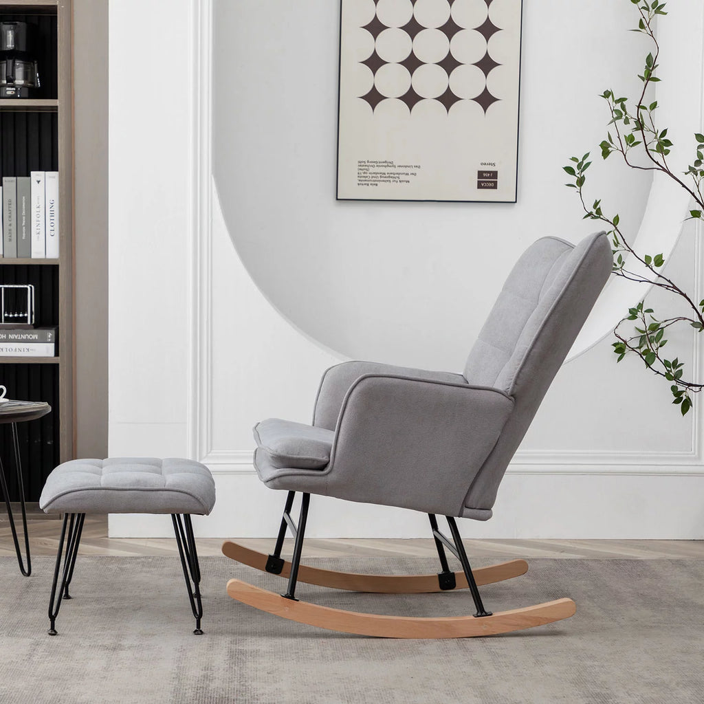 Gray Linen Fabric Rocking Chair with Ottoman H933