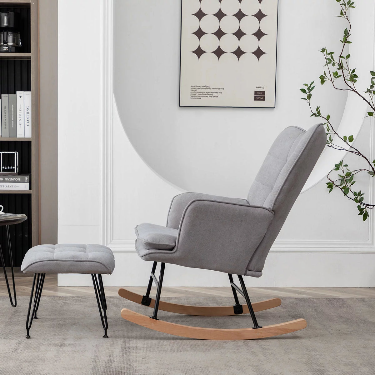 Gray Linen Fabric Rocking Chair with Ottoman H933