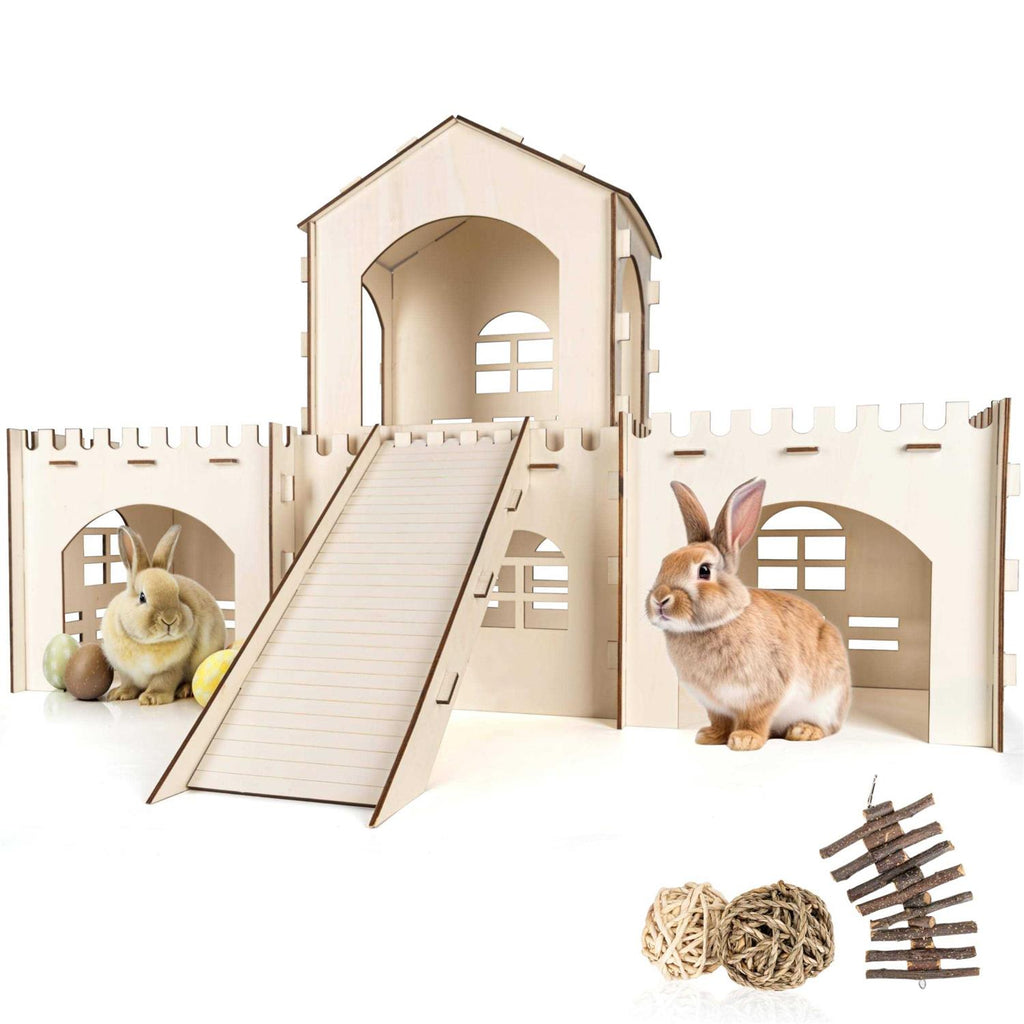 Large Wooden Rabbit Hideout with 3 Chew Toys & Staircase Q595049