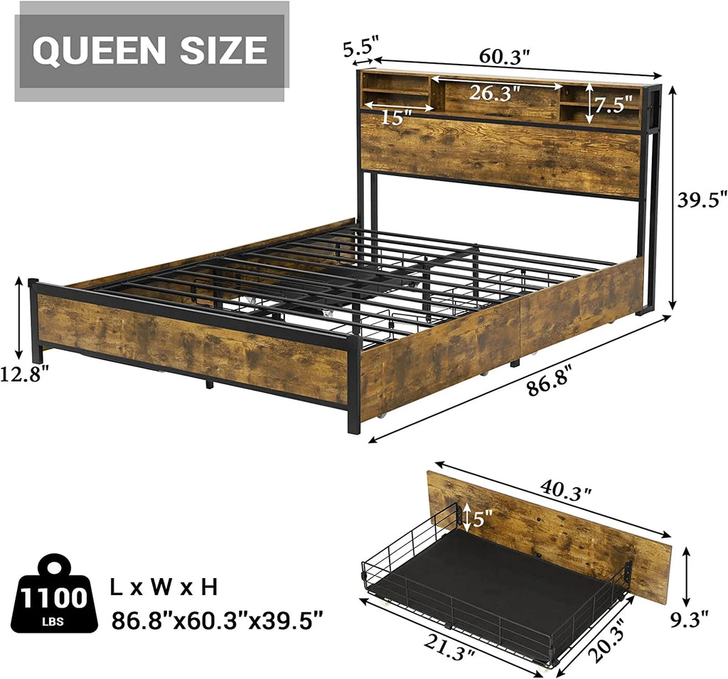 Queen Bed Frame with Headboard and Drawers B796