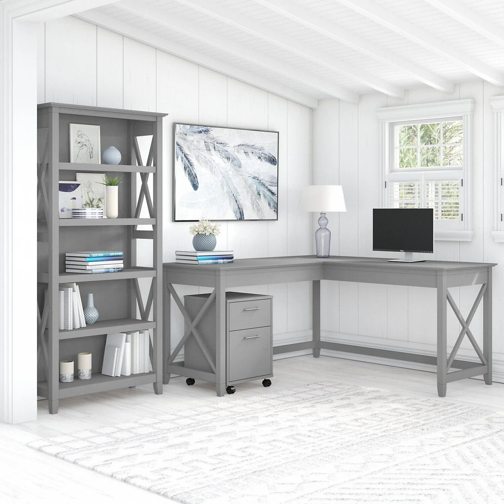 L Shaped Desk with 2 Drawer File Cabinet and 5 Shelf Bookcase Y5603