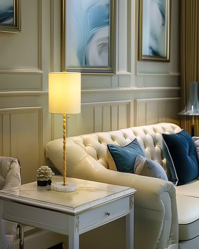 Buffet Lamps Set of 2 Tall Stick Table Lamp Marble Base Linen Shade F9842