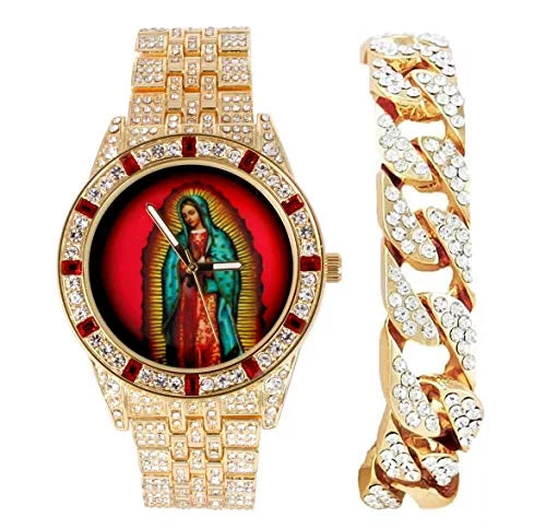 Men's Hip Hop Metal Timepiece with Blood Red Baguettes and Clear Rhinestones E6459