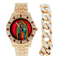 Men's Hip Hop Metal Timepiece with Blood Red Baguettes and Clear Rhinestones E6459