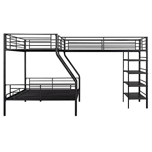 Black Metal Twin Size L-Shaped Loft Bed with Two Built-in Desks R1776