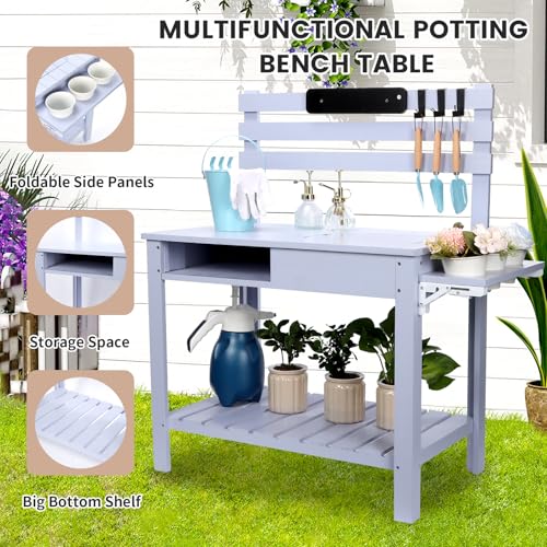Wooden Potting Bench Table with 3 Side Hook Shelf U38802