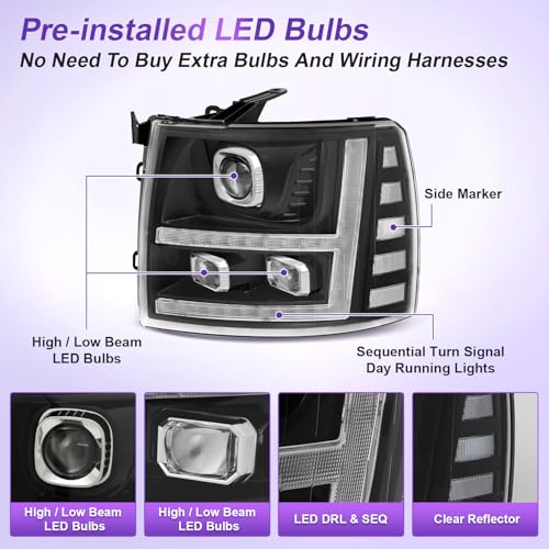LED Projector DRL Headlight Assembly Black Housing Clear Reflector A93294