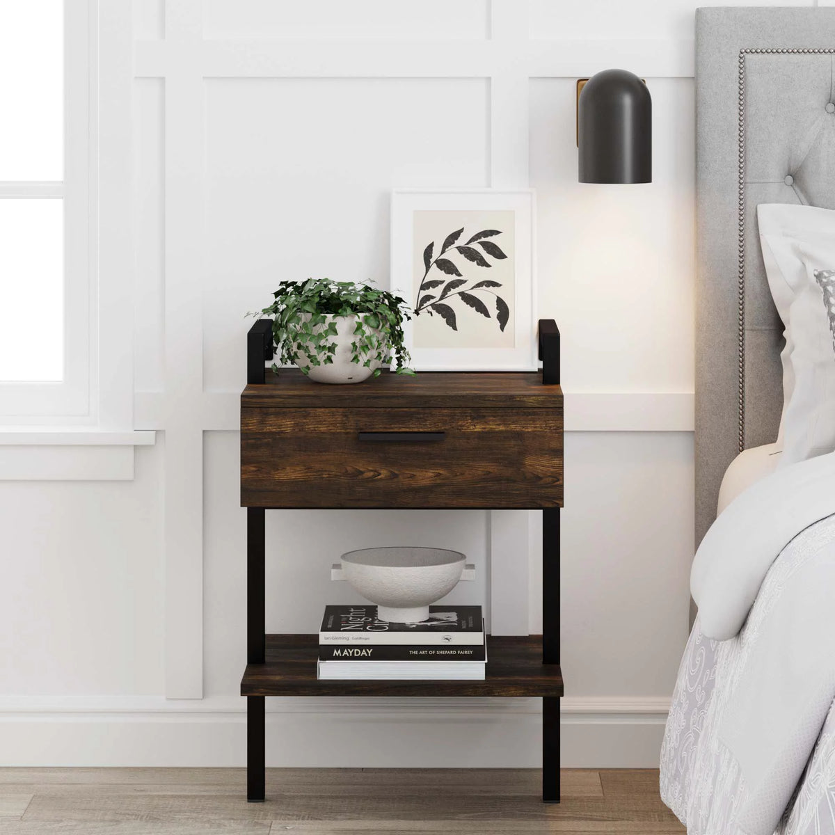 Rustic Wall Mount Nightstand with Drawer and Storage Shelf I88035