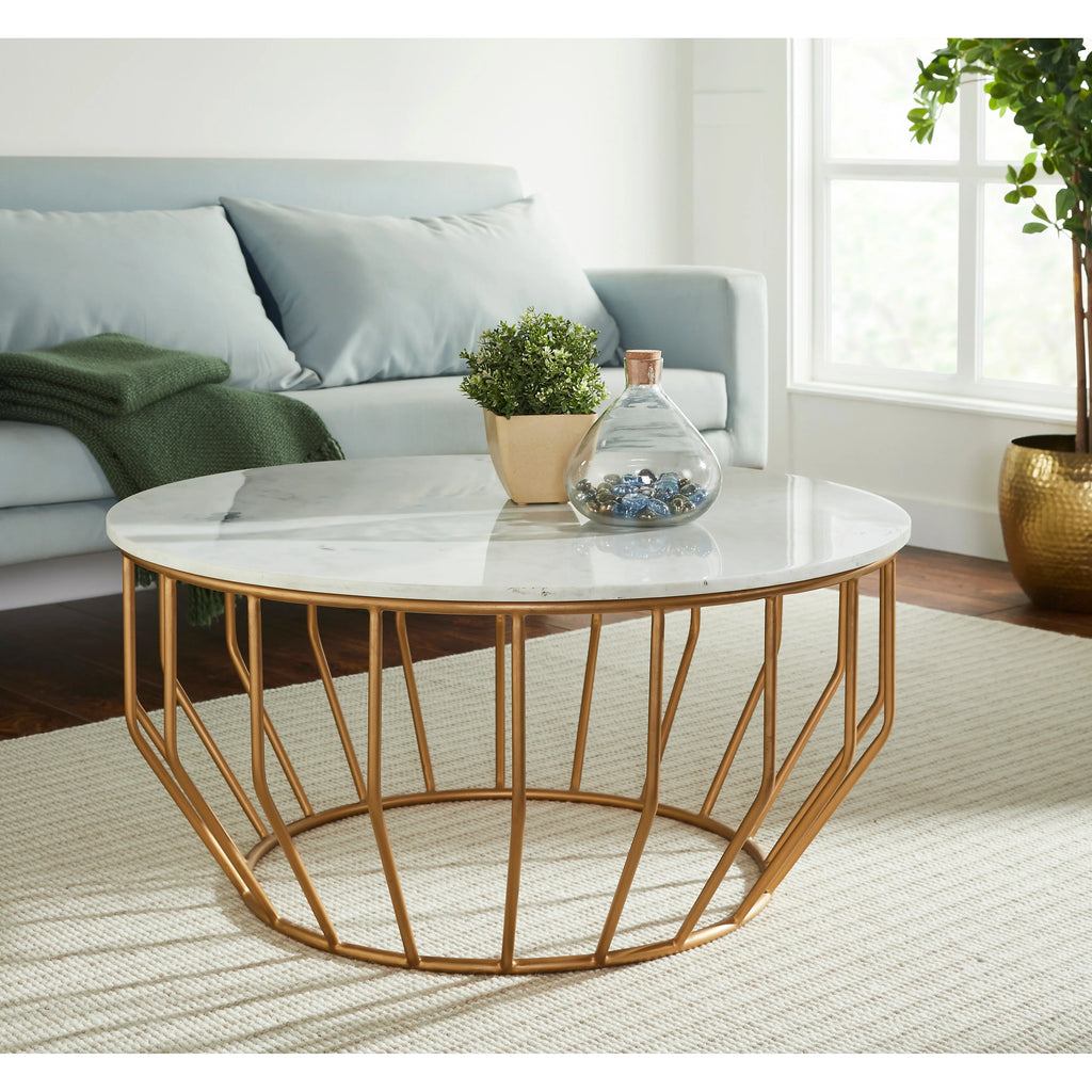 Modern Coffee Table with Real Marble Top and Gold Base D455